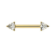 14k yellow gold nipple barbell with dual 4mm trillion-cut diamonds in prong settings, front view