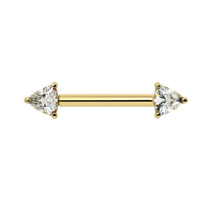 14k yellow gold nipple barbell with dual 4mm trillion-cut diamonds in prong settings, front view