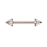 14k rose gold nipple barbell with two prong-set trillion-cut diamonds, front view