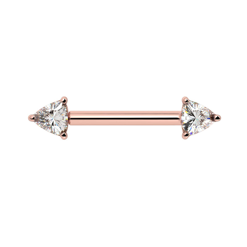 14k rose gold nipple barbell with two prong-set trillion-cut diamonds, front view