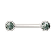 14k white gold nipple barbell with dual 4mm bezel-set moss agate cabochon ends, front view