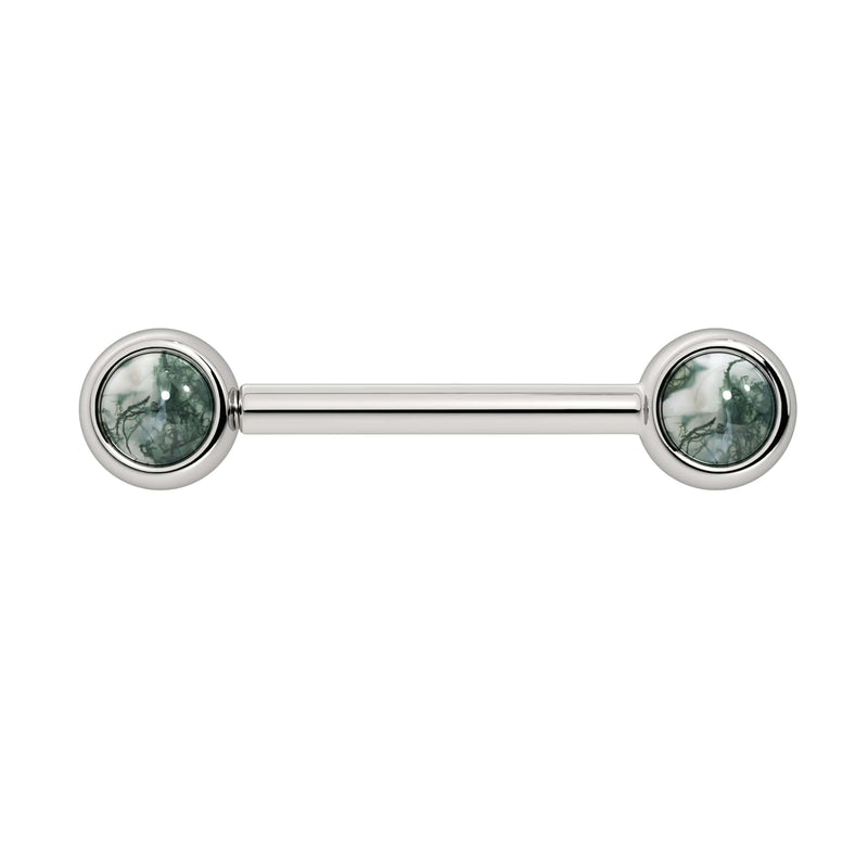 14k white gold nipple barbell with dual 4mm bezel-set moss agate cabochon ends, front view