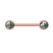 14k rose gold nipple barbell with dual 4mm bezel-set moss agate cabochon ends, front view