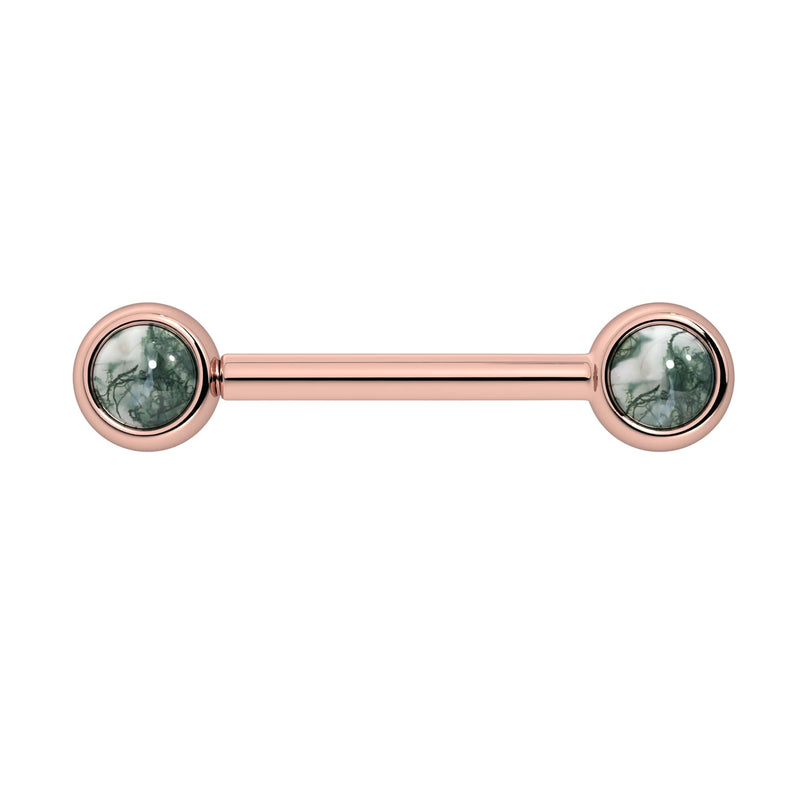 14k rose gold nipple barbell with dual 4mm bezel-set moss agate cabochon ends, front view