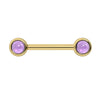 14k yellow gold nipple barbell with dual 4mm bezel-set amethyst cabochon ends, front view