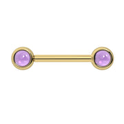 14k yellow gold nipple barbell with dual 4mm bezel-set amethyst cabochon ends, front view