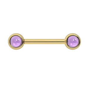 14k yellow gold nipple barbell with dual 4mm bezel-set amethyst cabochon ends, front view