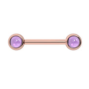 14k rose gold nipple barbell with dual 4mm bezel-set amethyst cabochon ends, front view