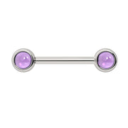 14k white gold nipple barbell with dual 4mm bezel-set amethyst cabochon ends, front view