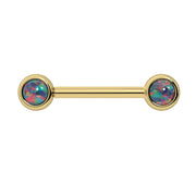 14k yellow gold nipple barbell with dual 4mm black opal cabochon ends showing rainbow fire flash