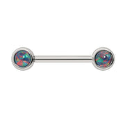 14k white gold nipple barbell with dual 4mm black opal cabochon ends showing vivid color play