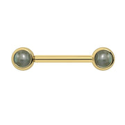 14k yellow gold nipple barbell with dual 4mm bezel-set labradorite cabochon ends, front view