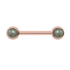 14k rose gold nipple barbell with dual 4mm bezel-set labradorite cabochon ends, front view