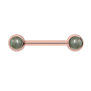 14k rose gold nipple barbell with dual 4mm bezel-set labradorite cabochon ends, front view
