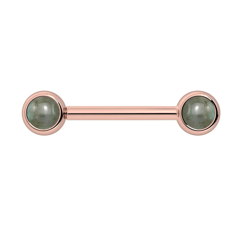14k rose gold nipple barbell with dual 4mm bezel-set labradorite cabochon ends, front view