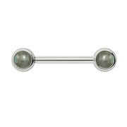 14k white gold nipple barbell with dual 4mm bezel-set labradorite cabochon ends, front view