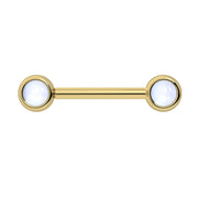 14k yellow gold nipple barbell with dual 4mm bezel-set moonstone cabochon ends, front view
