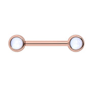 14k rose gold nipple barbell with dual 4mm bezel-set moonstone cabochon ends, front view