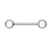 14k white gold nipple barbell with dual 4mm bezel-set moonstone cabochon ends, front view