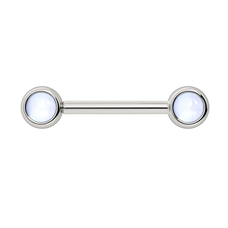 14k white gold nipple barbell with dual 4mm bezel-set moonstone cabochon ends, front view