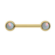 14k yellow gold nipple barbell with dual 4mm bezel-set white opal cabochon ends, front view