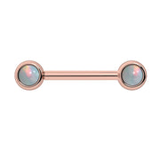 14k rose gold nipple barbell with dual 4mm bezel-set white opal cabochon ends, front view