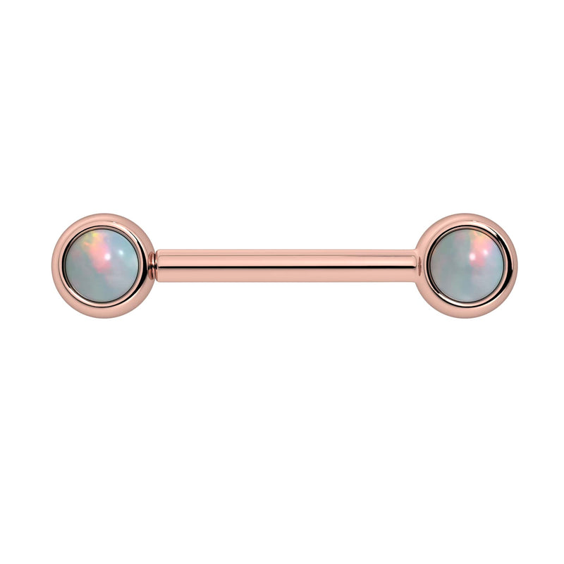 14k rose gold nipple barbell with dual 4mm bezel-set white opal cabochon ends, front view