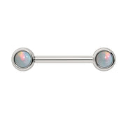 14k white gold nipple barbell with dual 4mm bezel-set white opal cabochon ends, front view