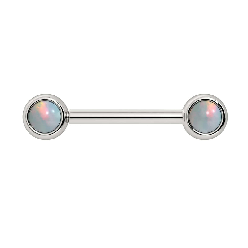 14k white gold nipple barbell with dual 4mm bezel-set white opal cabochon ends, front view