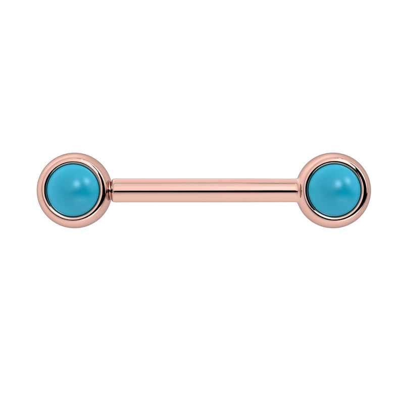 14k rose gold nipple barbell with dual 4mm bezel-set turquoise cabochon ends, front view
