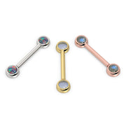 Three 14k gold nipple barbells side by side: white gold with opal, yellow gold with moonstone, rose gold with labradorite