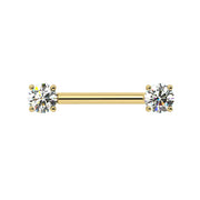 14k yellow gold nipple barbell with dual 4mm GIA diamonds in 4-prong settings, front view