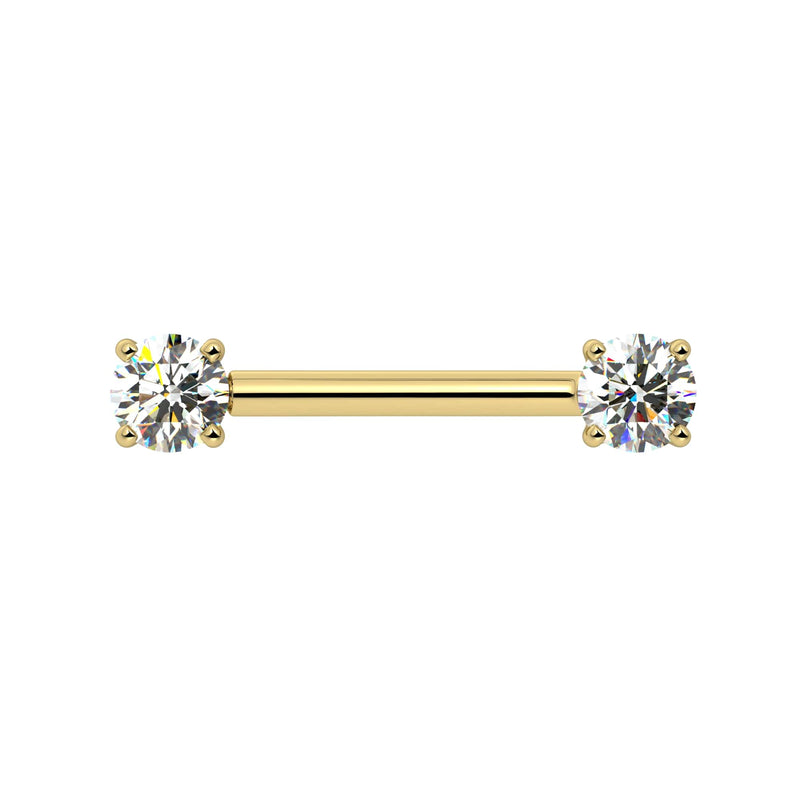 14k yellow gold nipple barbell with dual 4mm GIA diamonds in 4-prong settings, front view