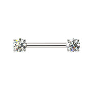 14k white gold nipple barbell with dual 4mm prong-set GIA diamonds, front view on white background