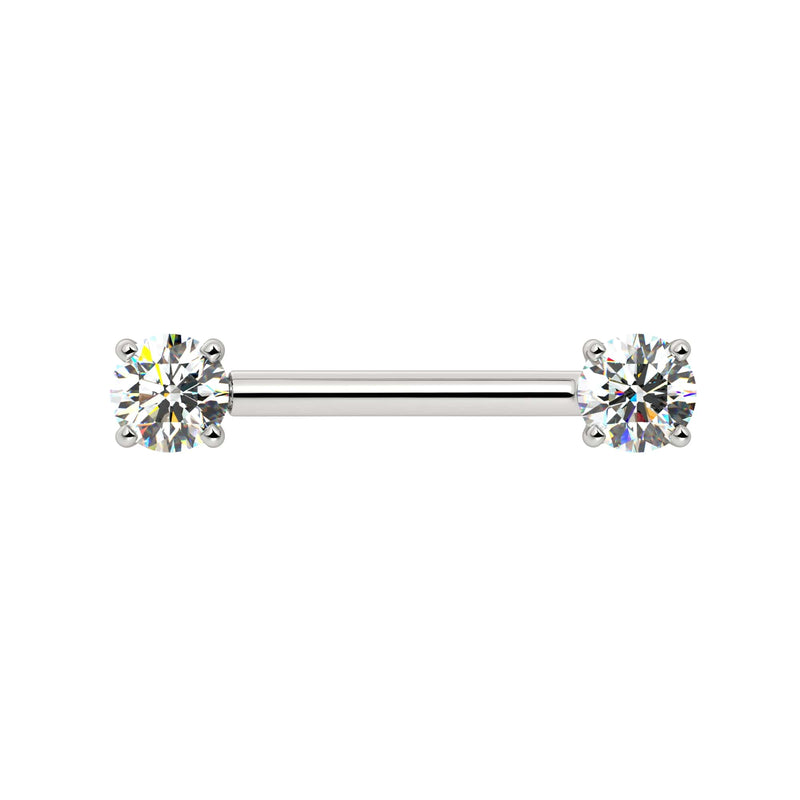 14k white gold nipple barbell with dual 4mm prong-set GIA diamonds, front view on white background