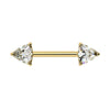 14k yellow gold nipple barbell with dual trillion-cut diamonds in prong settings, front view