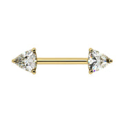 14k yellow gold nipple barbell with dual trillion-cut diamonds in prong settings, front view