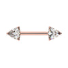 14k rose gold nipple barbell with dual trillion-cut diamonds in three-prong settings, front view