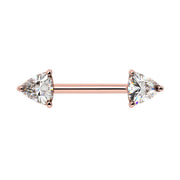 14k rose gold nipple barbell with dual trillion-cut diamonds in three-prong settings, front view