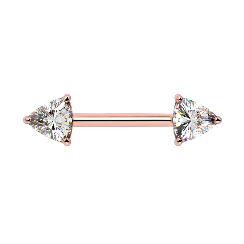 14k rose gold nipple barbell with dual trillion-cut diamonds in three-prong settings, front view