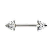 14k white gold nipple barbell with two prong-set trillion-cut diamonds, front view