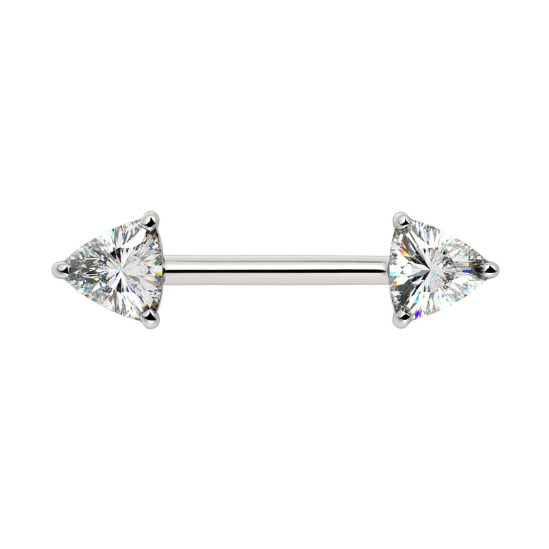 14k white gold nipple barbell with two prong-set trillion-cut diamonds, front view