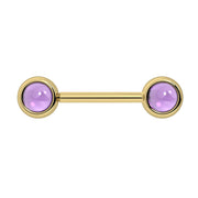14k yellow gold nipple barbell with dual 5mm amethyst cabochon bezel ends, purple stone detail