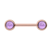 14k rose gold nipple barbell with dual 5mm amethyst cabochon bezel ends, purple stone front view