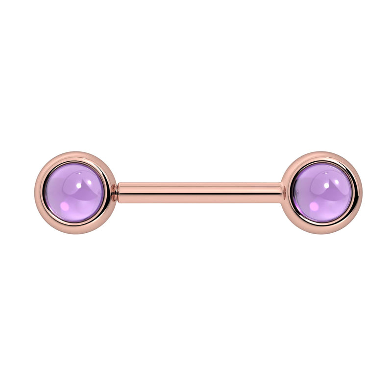 14k rose gold nipple barbell with dual 5mm amethyst cabochon bezel ends, purple stone front view