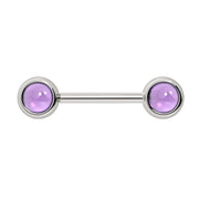 14k white gold nipple barbell with dual 5mm amethyst cabochon bezel ends, lavender purple stones