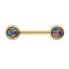 14k yellow gold nipple barbell with dual 5mm black opal cabochon bezel settings, front view