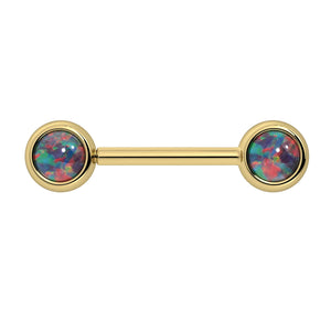 14k yellow gold nipple barbell with dual 5mm black opal cabochon bezel settings, front view