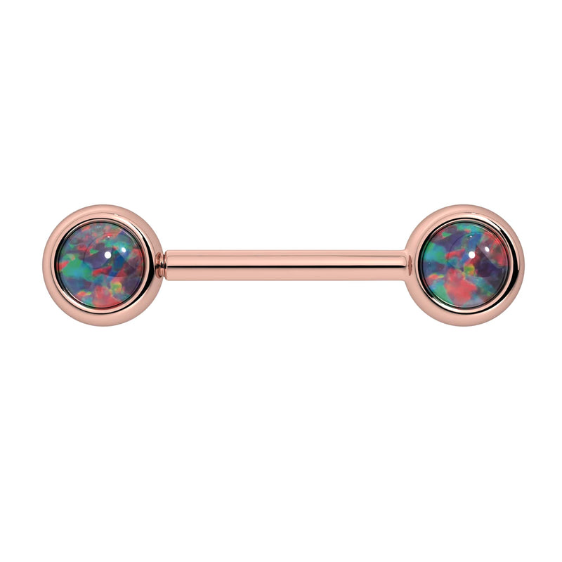 14k rose gold nipple barbell with dual 5mm black opal cabochon bezel ends, vivid color play