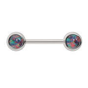 14k white gold nipple barbell with dual 5mm black opal cabochon bezel ends, dark multicolor flash